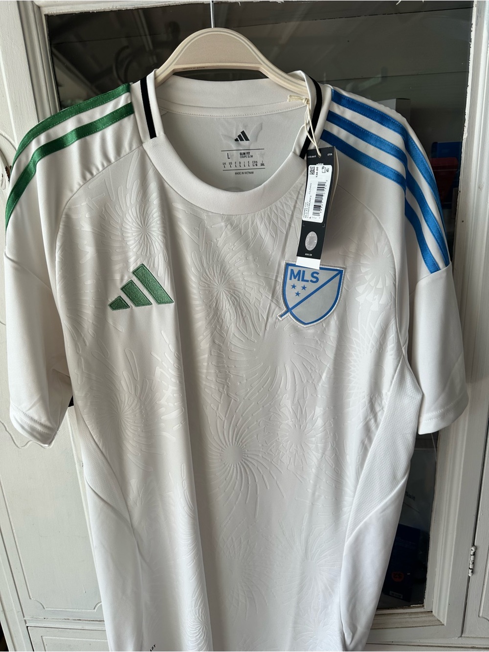 Messi Adidas White MLS Jersey with Blue & Green Accents